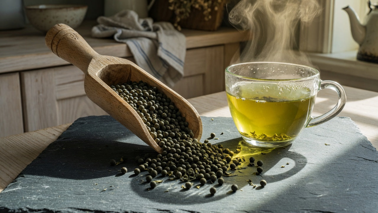 Rolled gunpowder green tea pellets beside a glass of golden-green tea