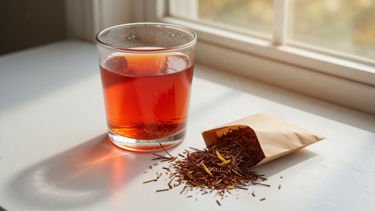 Glass of ruby rooibos tea with loose red bush leaves