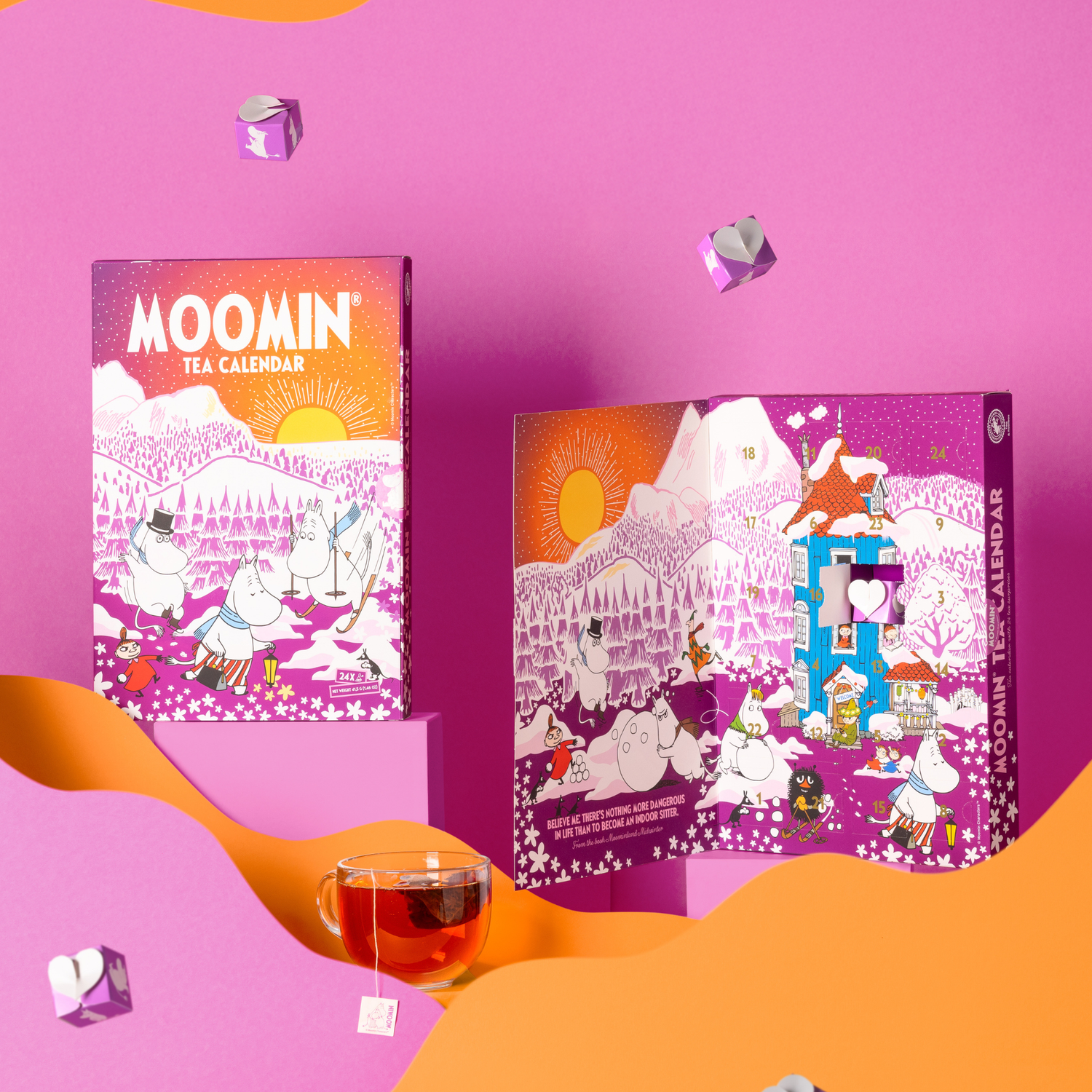 Styled gift-ready presentation of Moomin Winter Tea Calendar