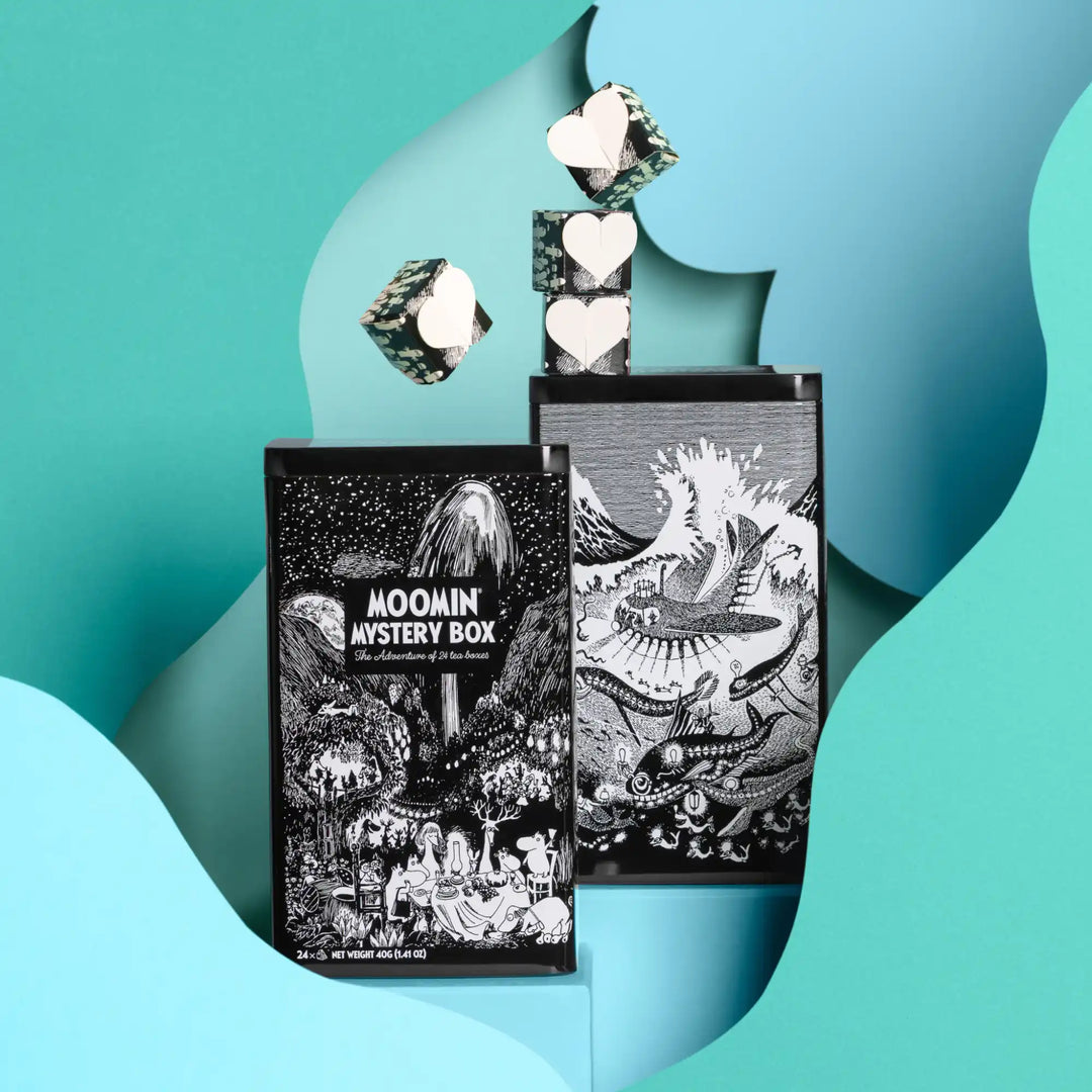 Black and white moomin mystery box with whimsical illustrations.
