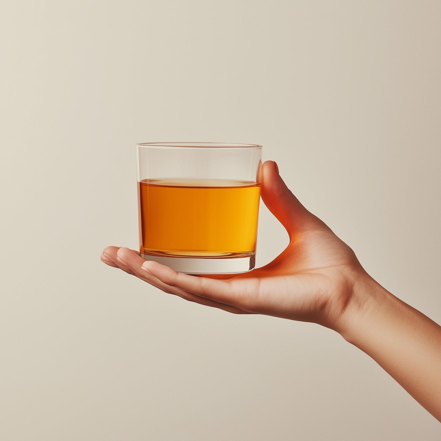 Hand holding a clear glass of amber quality tea