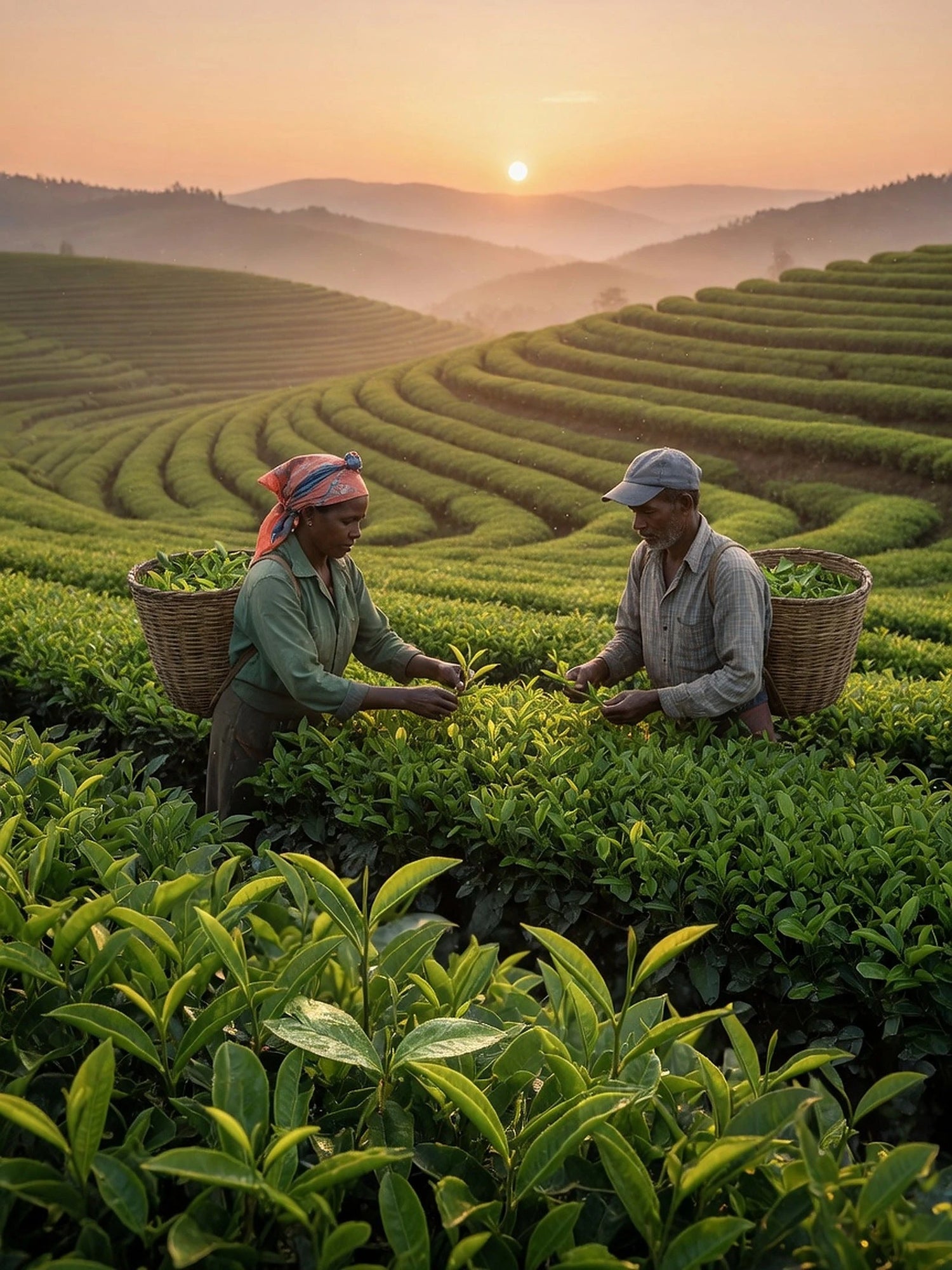 Tea pickers harvesting leaves in a tea plantation field