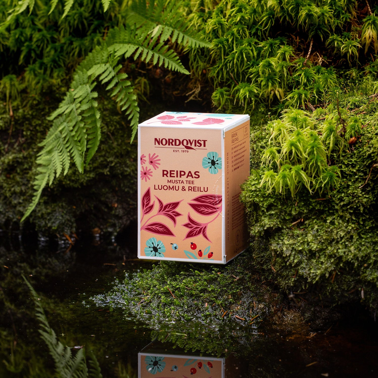 Nordqvist Reipas organic tea box in a mossy Finnish forest