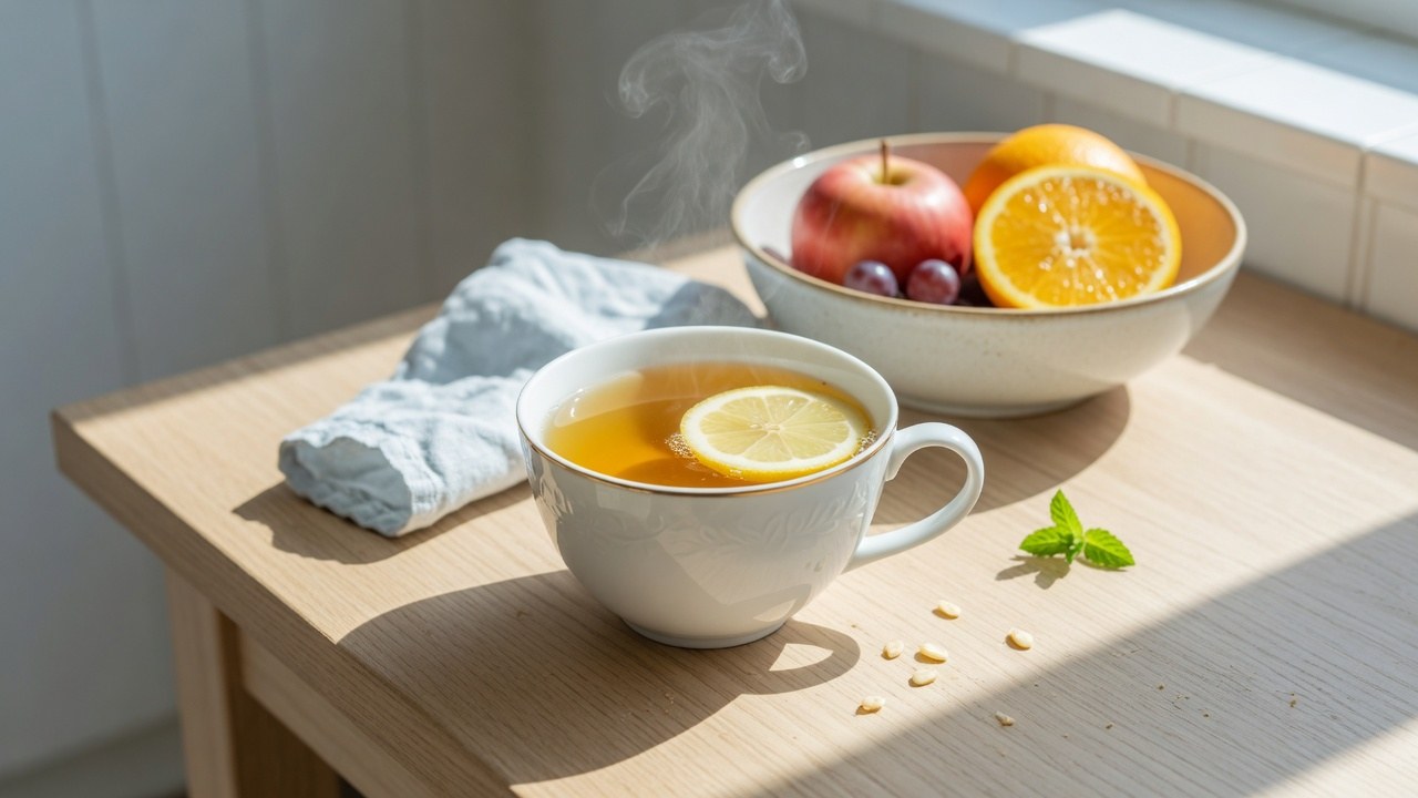 Morning cup of black tea with a lemon slice