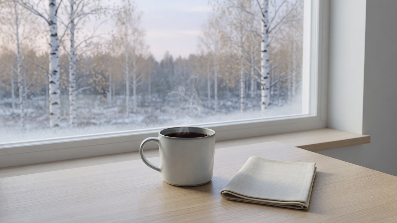 Ceramic mug of black tea by a frosted window overlooking birch trees