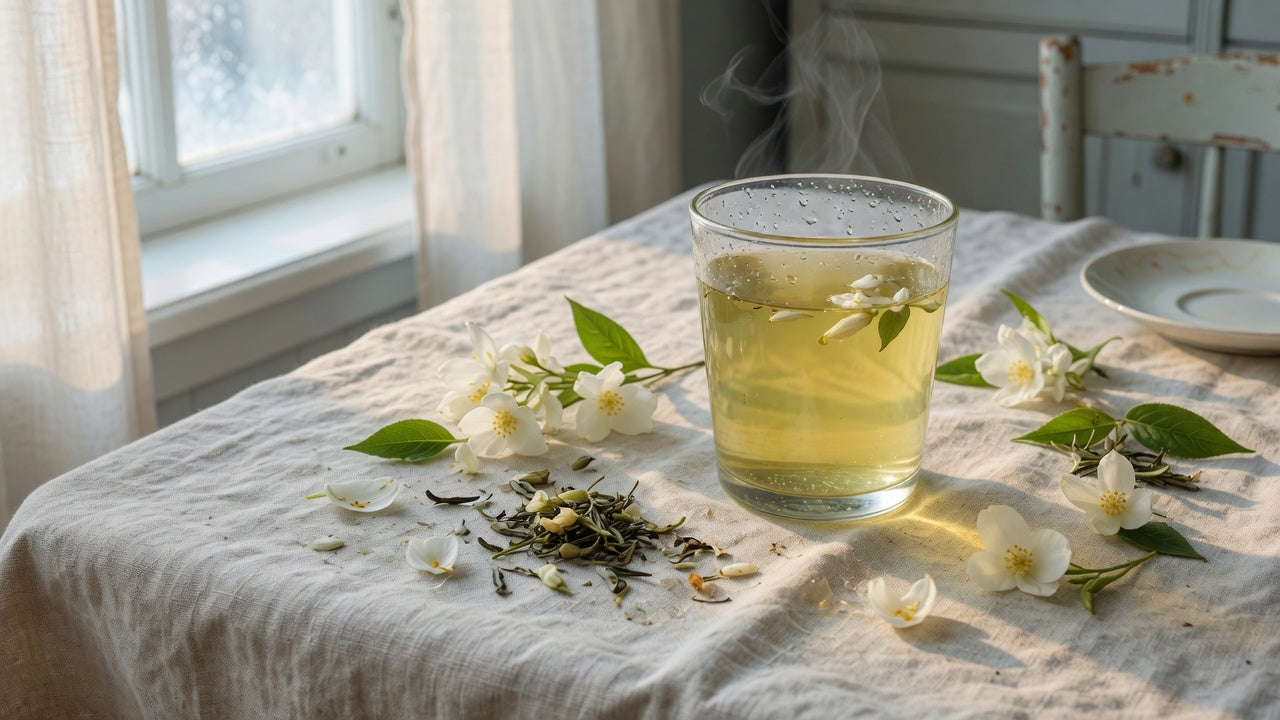 Pale jasmine green tea in a glass with jasmine flowers and loose leaves
