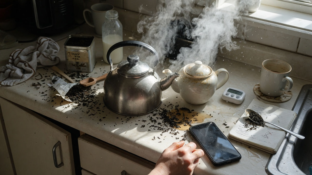 Pouring a perfect cup of black tea into a white ceramic cup