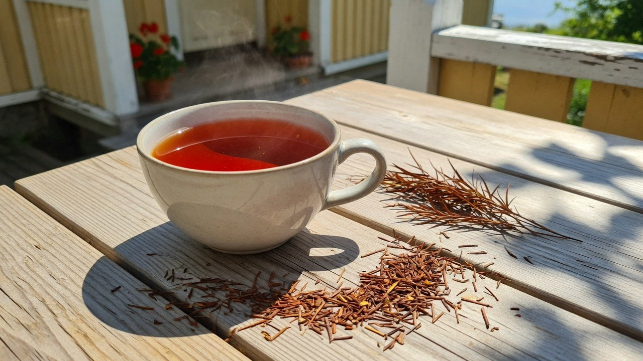 Cup of red-orange rooibos tea in outdoor sunlight