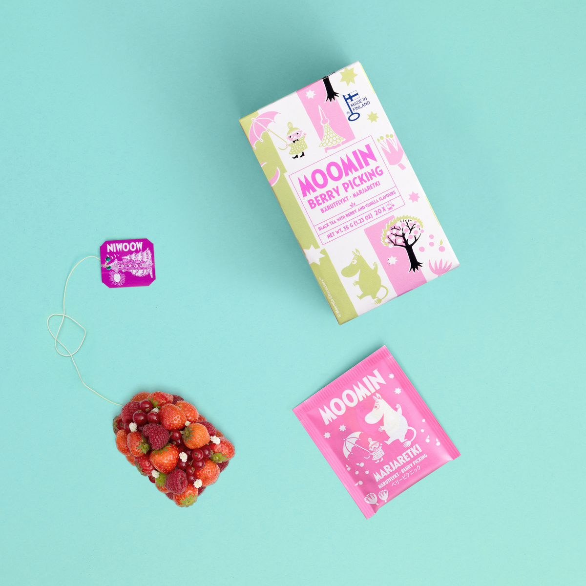 Close-up detail of Moomin Berry Picking packaging and design