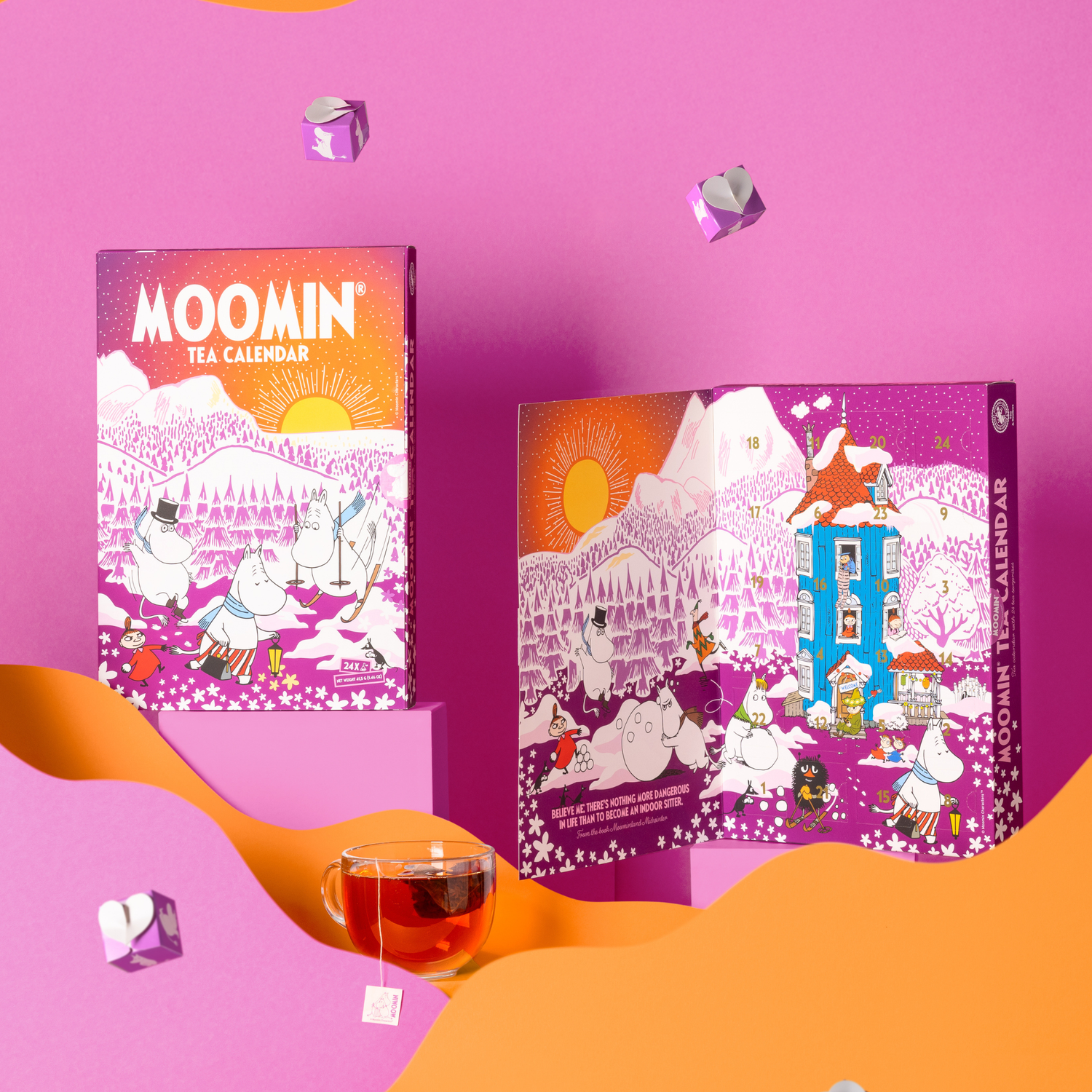 Side angle of Moomin Winter Tea Calendar showing brand and label details