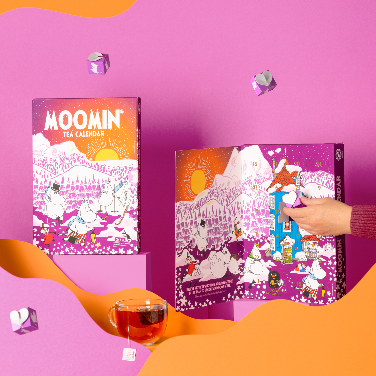 Lifestyle flat lay featuring Moomin Winter Tea Calendar by Nordqvist Tea