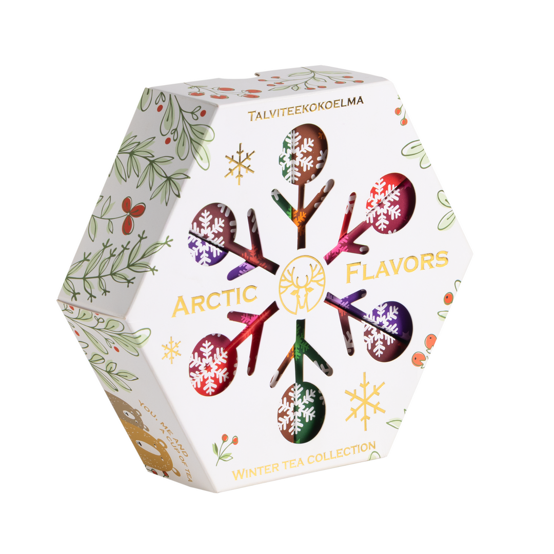 Hexagonal tea box with colorful designs and 'Arctic Flavors' text on a white background