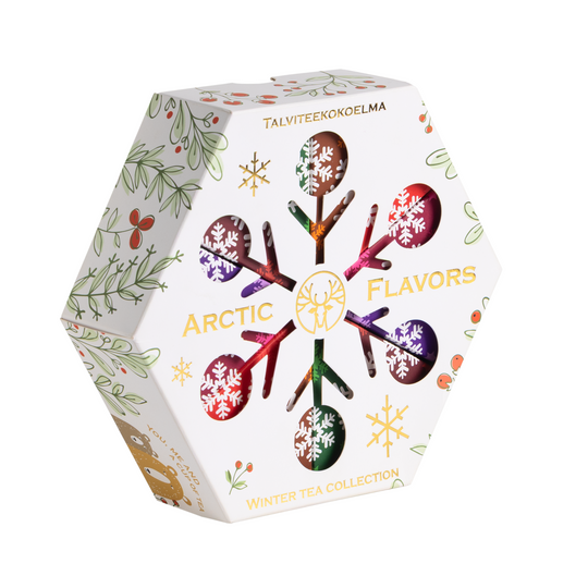Hexagonal tea box with colorful designs and 'Arctic Flavors' text on a white background