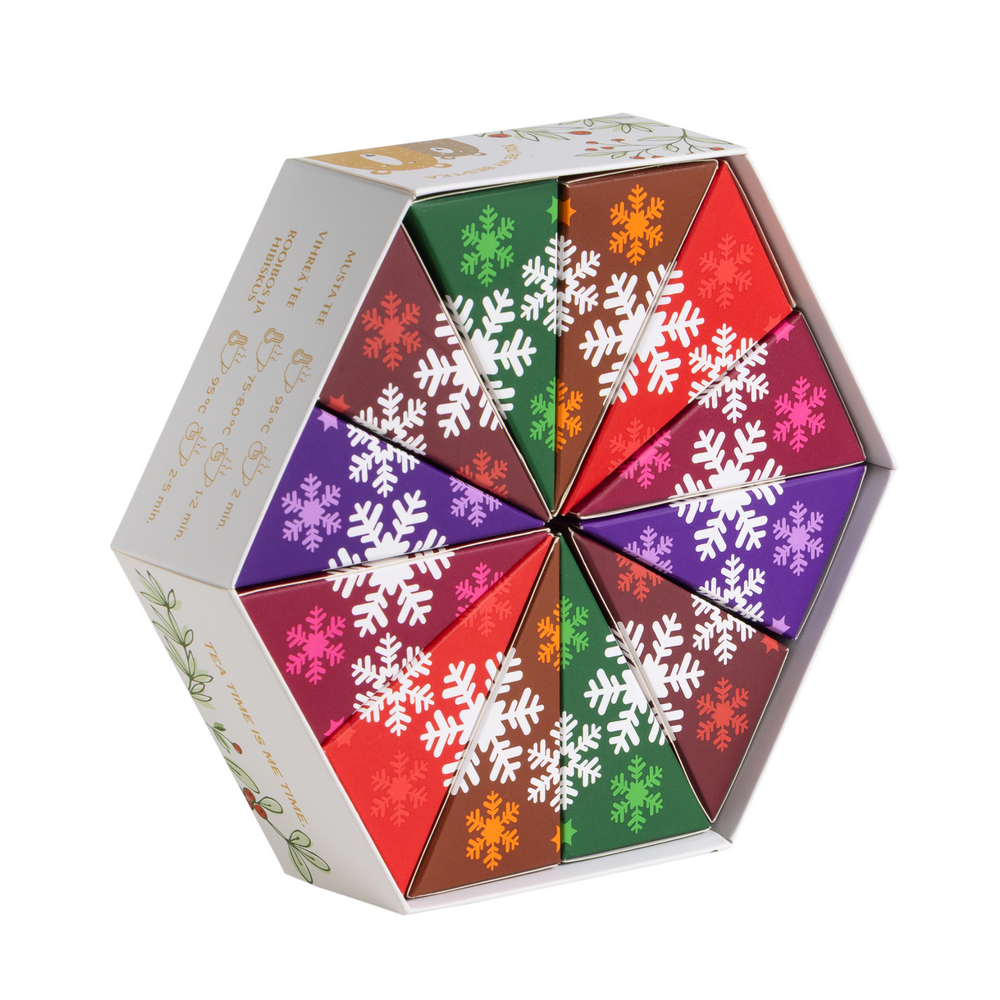 Hexagonal box with colorful snowflake patterns on a white background