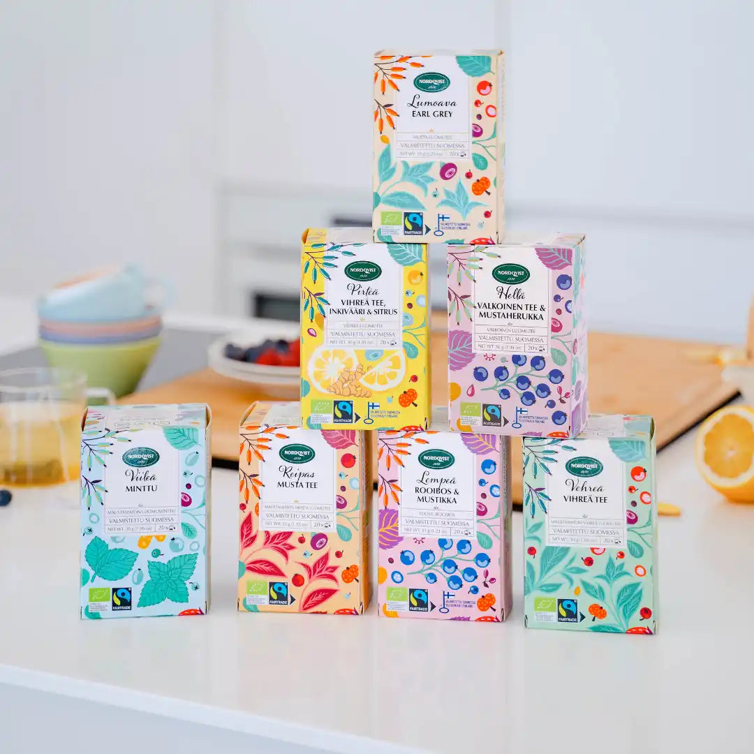 A variety of colorful tea boxes.
